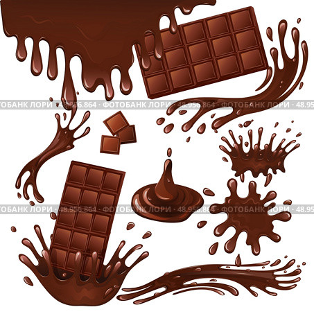 Sweets dessert food milk chocolate bars and splash drips background vector illustration. Стоковая иллюстрация, агентство Ingram Publishing / Фотобанк Лори