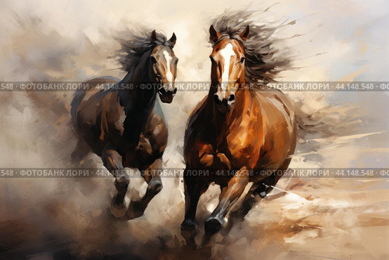 Swift Two horses run. Abstract modern color. Стоковое AI-изображение, AI-художник Иван Рябоконь / Фотобанк Лори