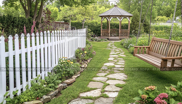 Swinging bench and gazebo decorating a peaceful garden with white fence. Стоковое AI-изображение, AI-художник Юрий Поздников / Фотобанк Лори
