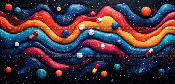 Swirling waves of color intertwine with pills and spheres, creating an abstract cosmic scene full of depth and vibrancy. Стоковое AI-изображение, AI-художник Данила Большаков / Фотобанк Лори