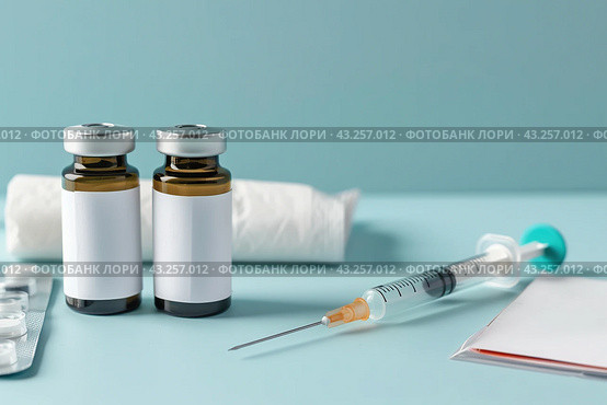 Syringe and glass vial on blue background table. Medical Vials group, needles, ampoules, bottle with medicines or vaccine. Disease treatment. Creative Banner. Anti-aging beauty injections. Vaccination. Стоковое AI-изображение, AI-художник Марина Демидюк / Фотобанк Лори