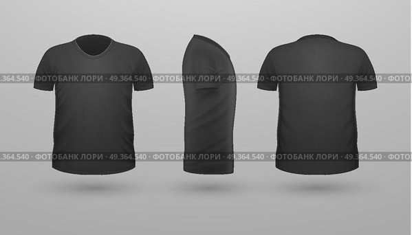 T-shirt Teplate Set. Front Side Back View. Vector. T-shirt template set, front, side, back view. Black color. Realistic vector illustration in flat style. Sport clothing. Casual men wear. Cotton unisex polo outfit. Fashionable apparel. Стоковая иллюстрация, агентство Ingram Publishing / Фотобанк Лори