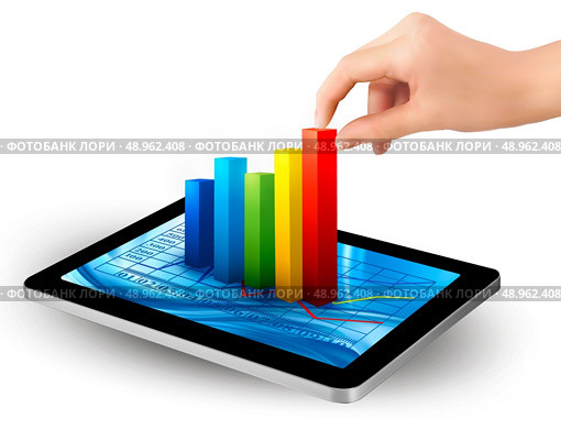 Tablet screen with graph and a hand. Vector. . Стоковая иллюстрация, агентство Ingram Publishing / Фотобанк Лори