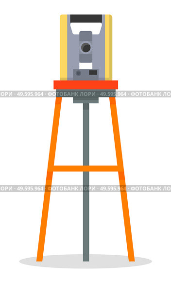 Tachymeter isolated on white. Device for measuring angles and distances apparatus vector illustration. Geodesic instrument geodimeter on a special stand tripod. Optical device flat vector illustration. Tachymeter isolated on white. Device for measuring angles and distances vector illustration. Стоковая иллюстрация, агентство Ingram Publishing / Фотобанк Лори