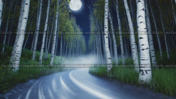 Таинственная лесная тропа, залитая лунным светом: туманное ночное путешествие по зачарованным березовым лесам. Стоковое AI-видео, аниматор ФотоИнтеллект / Фотобанк Лори