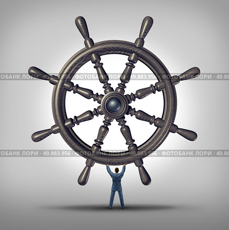 Take the reins and change course business concept as a businessman holding a ship wheel steering gear as a symbol and financial metaphor for taking control and directing the future for success. Стоковое фото, агентство Ingram Publishing / Фотобанк Лори