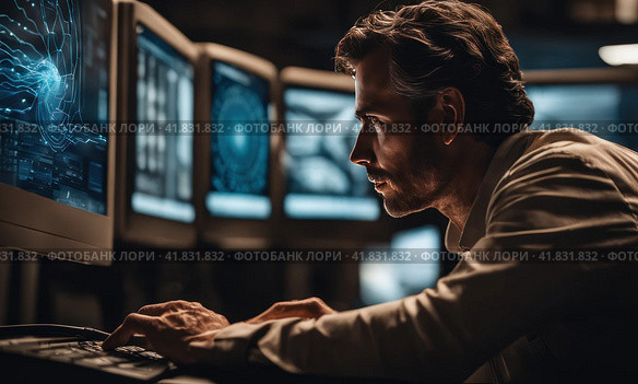 Talented Young male Professional Working in a Technological Research and Development Agency. Computer Screens with Software Code and Technical Neural Network Diagrams. Multiscreen set up. AI. Стоковое AI-изображение, AI-художник Sergey Grishin / Фотобанк Лори