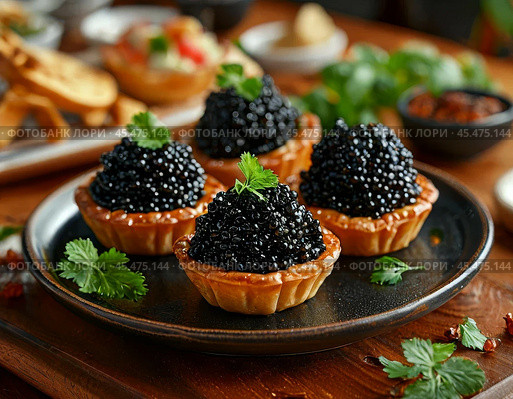 Tartlets with black caviar. A beautiful and original snack for a festive table. Enjoy your meal! Стоковое AI-изображение, AI-художник Сергей Елизарьев / Фотобанк Лори