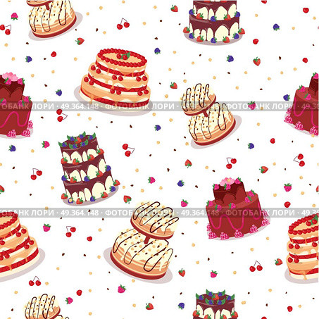 Tasty Celebratory Cakes Vector Seamless Pattern. Tasty celebratory cakes seamless pattern. Decorated with colored frosting, fruits, chocolate, cream cakes flat vector illustrations on white background. For greeting card, wrapping paper. Стоковая иллюстрация, агентство Ingram Publishing / Фотобанк Лори