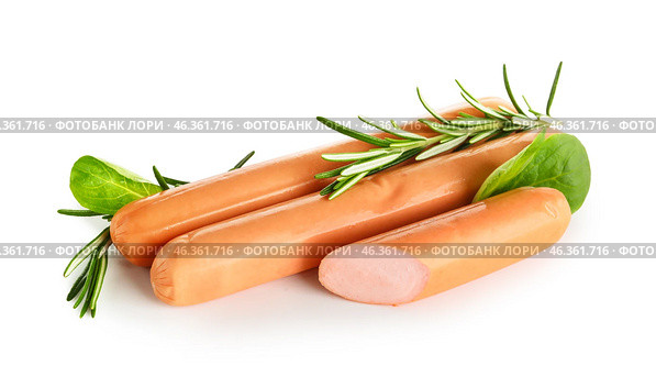 Tasty sausages with rosemary on white background. Стоковое фото, фотограф Pixel_shot / Фотобанк Лори