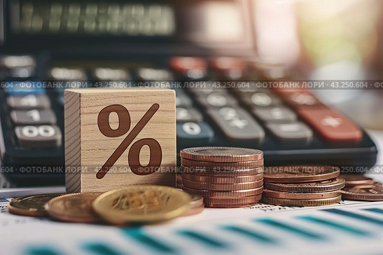 Tax season Taxation. Percent sign on wooden block, calculator, coins stack. Paperwork, financial research, report. Calculate tax return. Personal banking. Finance. Planning budget. Calculating expense. Стоковое AI-изображение, AI-художник Марина Демидюк / Фотобанк Лори