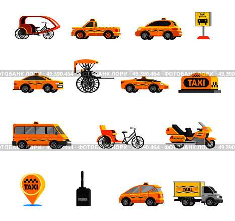 Taxi icons set of different types of vehicles and cars in flat style isolated vector illustration. Taxi Icons Set. Стоковая иллюстрация, агентство Ingram Publishing / Фотобанк Лори