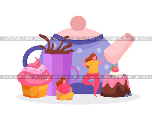 Tea time flat background with female characters images of cakes cup with drop splashes and teapot vector illustration. Teapot Sweets Flat Composition. Стоковая иллюстрация, агентство Ingram Publishing / Фотобанк Лори