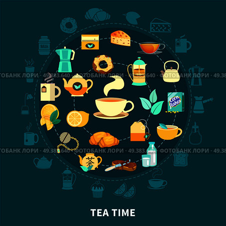 Tea time round composition with hot drink, cups, teapots, milk, pastry on dark blue background vector illustration. Tea Time Round Composition. Стоковая иллюстрация, агентство Ingram Publishing / Фотобанк Лори