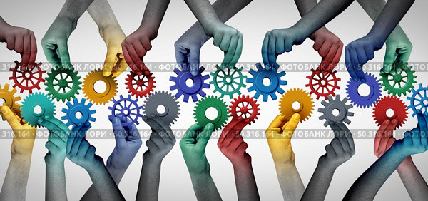 Team collaboration concept and connecting unity or teamwork idea as a business metaphor for joining a partnership as diverse people connected together as a work symbol for employee cooperation with 3D illustration elements. Стоковое фото, агентство Ingram Publishing / Фотобанк Лори