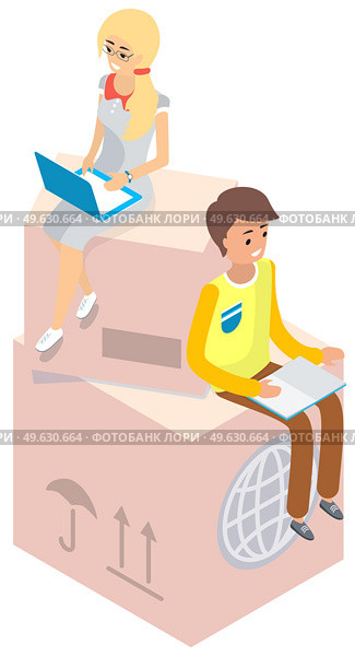 Team of business people work with laptops sit on empty cardboard boxes for transporting goods. Woman is scrolling news feed, communicates on internet. Male transport company worker makes notes. Team of business people work with laptops sit on empty cardboard boxes for transporting goods. Стоковая иллюстрация, агентство Ingram Publishing / Фотобанк Лори
