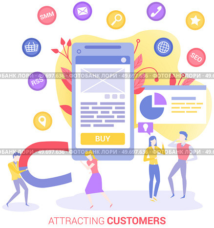 Team of marketers exploring customer base in mobile app. Attracting customers, proper digital marketing concept. Tool for successful business development. People work with online advertising. Team of marketers advertising online in mobile app. Attracting customers, proper digital marketing. Стоковая иллюстрация, агентство Ingram Publishing / Фотобанк Лори