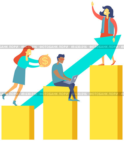 Teamwork that leads company to success in business, people sit on growing diagram. Successful business strategy, sales growth, profitable investment, economic future increase in monetary profit. Concept of teamwork that leads company to success in business, people sit on growing diagram. Стоковая иллюстрация, агентство Ingram Publishing / Фотобанк Лори