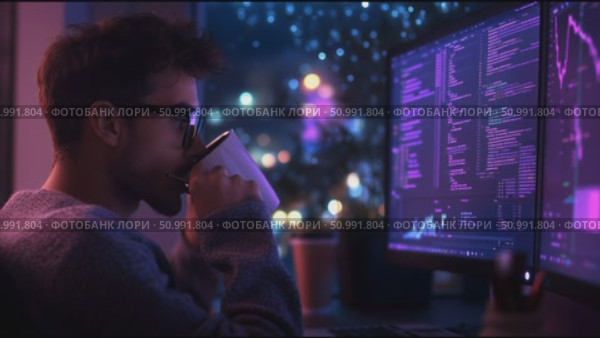 Tech enthusiast analyzes data trends at night in city apartment using dual monitors. Стоковое AI-видео, аниматор Сергей Толмачёв / Фотобанк Лори