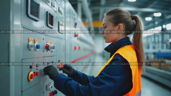 Technician Operates Control Panel in Industrial Facility While Wearing Safety Gear. Стоковое AI-видео, аниматор Sergey Grishin / Фотобанк Лори