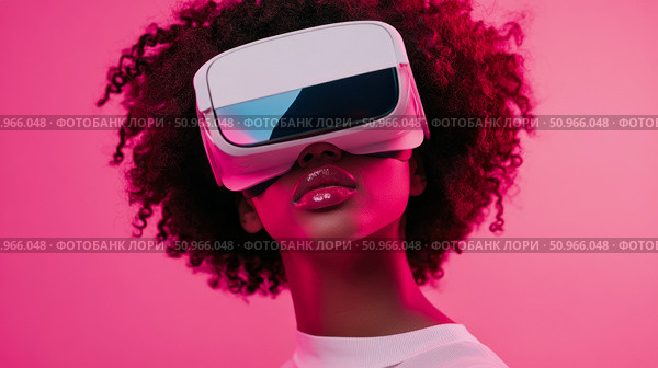 Technological immersion: woman wearing virtual reality headset against pink colored plain backdrop, augmented reality interface, futuristic experience. Стоковое AI-изображение, AI-художник Данила Большаков / Фотобанк Лори