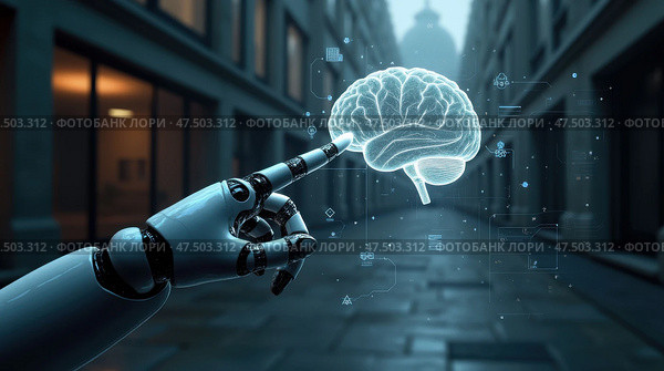 Технологии: рука робота управляет голографической моделью мозга, AI-generation. Стоковое AI-изображение, AI-художник Елена Скрипкина / Фотобанк Лори