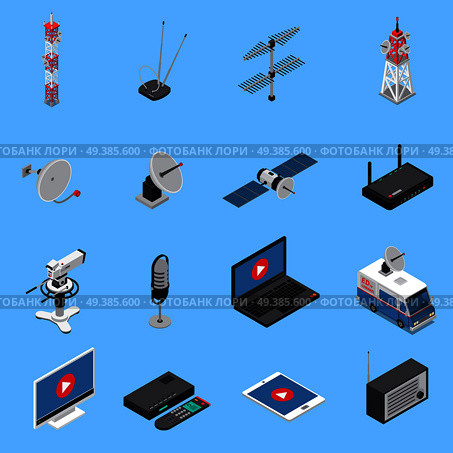 Telecommunication isometric icons set with broadcast equipment and electronic devices isolated on blue background 3d vector illustration. Telecommunication Isometric Icons Set. Стоковая иллюстрация, агентство Ingram Publishing / Фотобанк Лори
