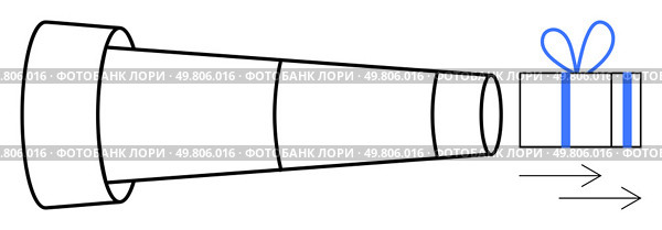 Telescopic tube aiming at gift box tied with blue ribbon, accompanied by directional arrows. Ideal for exploration, discovery, anticipation, surprise, adventure, navigation and gifts. Line metaphor. Telescopic View of Gift Wrapped Present with Directional Arrows. Стоковая иллюстрация, агентство Ingram Publishing / Фотобанк Лори