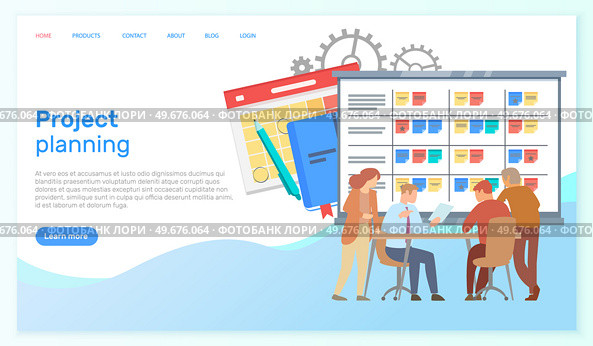 Template of website for project planning, business event. People with schedule organize meeting, create monthly plan. Planning strategy and time management concept. Colleagues discuss work scheduling. Website for project planning, business event. People with schedule organize meeting, work plan. Стоковая иллюстрация, агентство Ingram Publishing / Фотобанк Лори