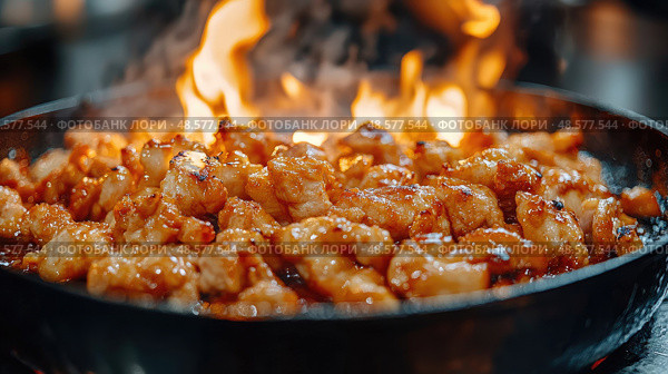 Tender chicken pieces caramelize in a hot skillet as flames dance, creating an enticing aroma in a lively kitchen atmosphere during dinner. Стоковое AI-изображение, AI-художник Данила Большаков / Фотобанк Лори