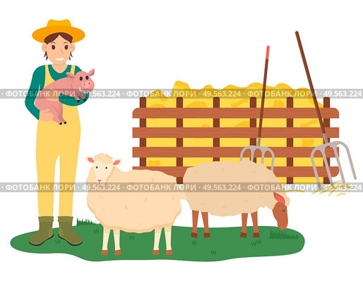 Tending animals at farm vector, farming woman holding pig standing by sheep and hay with instruments for dried grass. Farmer busy with work isolated. Farming Woman Holding Pig by Sheep Farm Vector. Стоковая иллюстрация, агентство Ingram Publishing / Фотобанк Лори