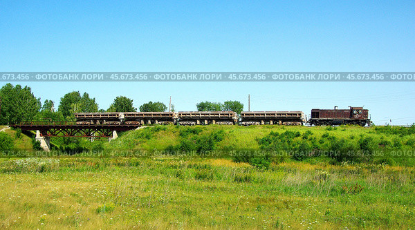 Тепловоз ТГМ4Б-0833 с составом шестиосных думпкаров, перегон Рудничная - Южная, ОАО "Огнеупоры", село Байны, городской округ Богданович, Свердловская область (2019 год). Редакционное фото, фотограф Алексей Иванов / Фотобанк Лори