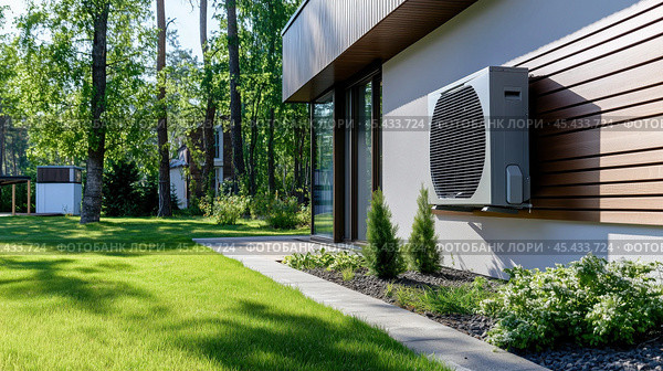 Тепловые насосы HVAC для эффективного использования энергии в жилых помещениях, зеленая энергия, энергия 4.0. Эффективная работа кондиционера в жилых помещениях в пышной обстановке заднего двора. Стоковое AI-изображение, AI-художник ФотоИнтеллект / Фотобанк Лори