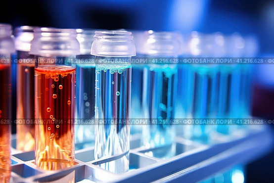 Test Tubes Filled with Liquid. Стоковое AI-изображение, AI-художник Поликарпов Владимир Владимирович / Фотобанк Лори