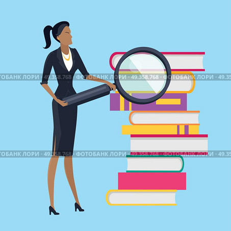 Text and Information Searching Concept Vector.. Information searching and data analysis vector concept. Flat design. Woman in business clothes standing near pile of books with magnifier. Self-education and literature reading. On blue background. . Стоковая иллюстрация, агентство Ingram Publishing / Фотобанк Лори