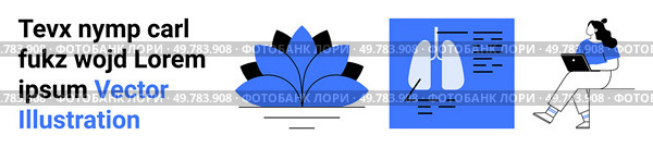 Text, lotus flower, lungs with diagnostics data, woman using laptop. Ideal for wellness, respiratory health, yoga lifestyle, remote education, online learning, vector graphics. Landing page. Modern Health and Wellness Yoga, Respiratory Health, and Online Learning Concepts. Стоковая иллюстрация, агентство Ingram Publishing / Фотобанк Лори