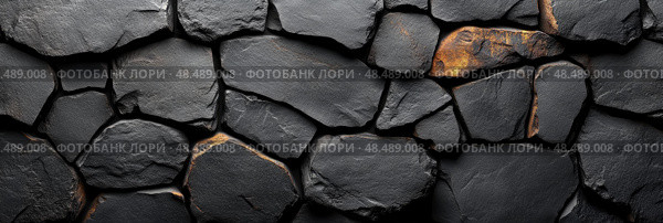 Textured Black Slate Cladding Panel Wall with Glimmers of Gold, Background for Architecture. Стоковое AI-изображение, AI-художник Данила Большаков / Фотобанк Лори