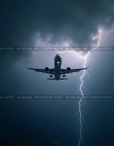 The aircraft encounters a severe thunderstorm, surrounded by dark clouds and illuminated by bright lightning strikes, highlighting the danger in the sky. Causes of air crashes. Generative AI. Стоковое AI-изображение, AI-художник Юлия Петровская / Фотобанк Лори