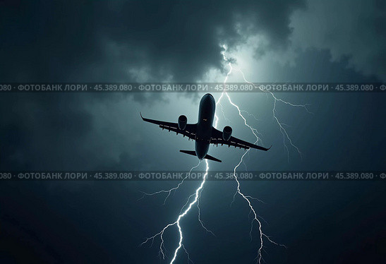 The aircraft encounters a severe thunderstorm, surrounded by dark clouds and illuminated by bright lightning strikes, highlighting the danger in the sky. Causes of air crashes. Generative AI. Стоковое AI-изображение, AI-художник Юлия Петровская / Фотобанк Лори