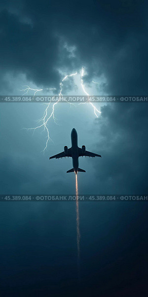 The aircraft encounters a severe thunderstorm, surrounded by dark clouds and illuminated by bright lightning strikes, highlighting the danger in the sky. Causes of air crashes. Generative AI. Стоковое AI-изображение, AI-художник Юлия Петровская / Фотобанк Лори