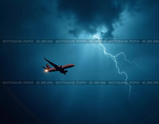 The aircraft encounters a severe thunderstorm, surrounded by dark clouds and illuminated by bright lightning strikes, highlighting the danger in the sky. Causes of air crashes. Generative AI. Стоковое AI-изображение, AI-художник Юлия Петровская / Фотобанк Лори