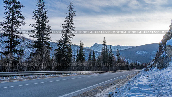 The asphalt road goes into the distance along the mountain slope. A road sign on the snowy side of the road. Coniferous trees and a mountain range against the sky. Altai. Chuysky tract. Стоковое фото, фотограф Вера Ивановна Кубарева / Фотобанк Лори