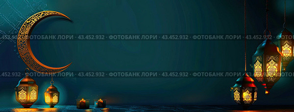 The background is in the Muslim style for the month of Ramadan. Copy space. Стоковое AI-изображение, AI-художник Ярославский Максим / Фотобанк Лори