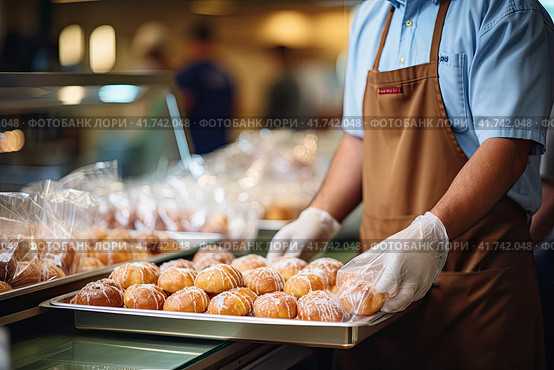 The baker smiles and offers fresh pastries on a tray. Generated by AI. Стоковое AI-изображение, AI-художник Ярославский Максим / Фотобанк Лори
