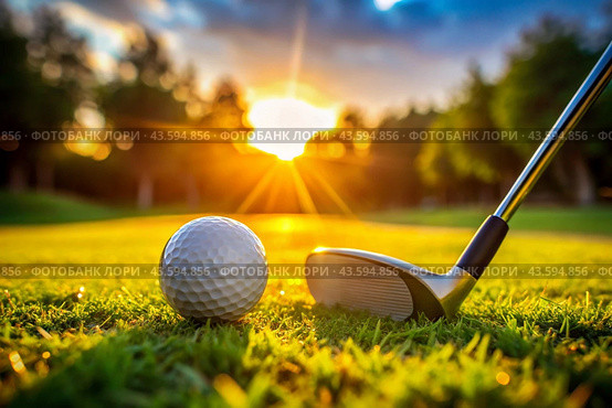 The banner. A white ball and a metal golf club are lying on the lawn in the hands of a man against the sunset background. An advertisement for a golf game at a country club. Free space for text. Стоковое AI-изображение, AI-художник Photojuli / Фотобанк Лори