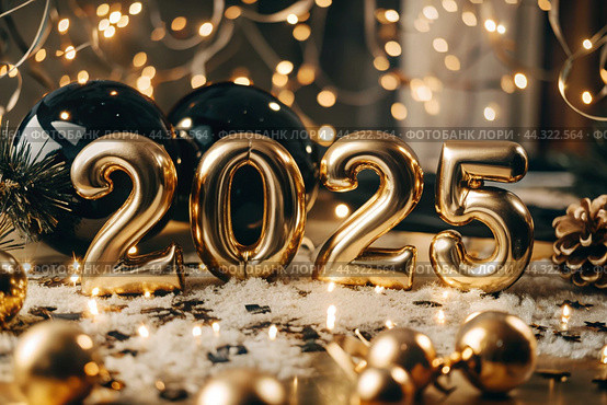 The banner. Happy New Year and Merry Christmas. Gold, shiny 2025 numbers, sequins and a beautiful bokeh on a black background. The flyer. Invitation. Стоковое AI-изображение, AI-художник Photojuli / Фотобанк Лори