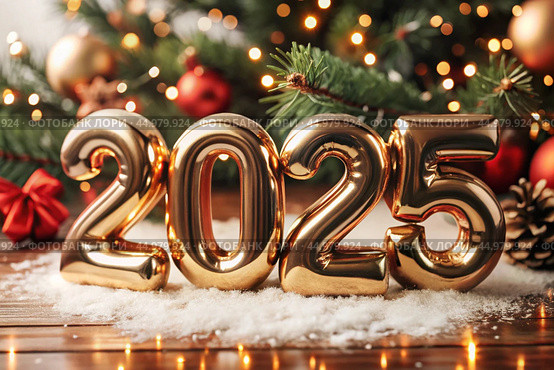 The banner. Happy New Year and Merry Christmas. Shiny 2025 numbers, sequins and a beautiful bokeh on a dark background. The flyer. Invitation. Стоковое AI-изображение, AI-художник Photojuli / Фотобанк Лори