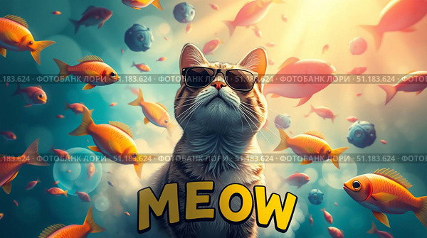 The cat in sunglasses is looking at a flock of fish. The inscription meow. Стоковое AI-изображение, AI-художник Васильева Юлия / Фотобанк Лори