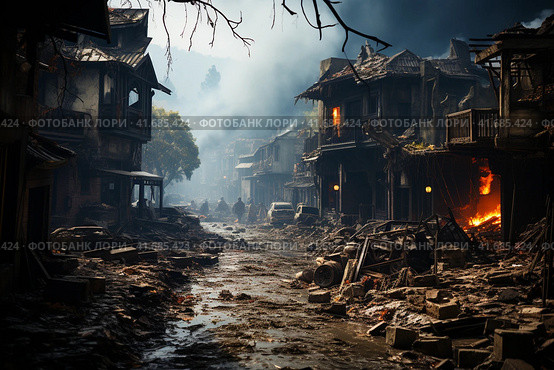 The city after the earthquake, houses destroyed after the war, dirt on the streets,    Generative AI. Стоковое AI-изображение, AI-художник Анна Кривицкая / Фотобанк Лори