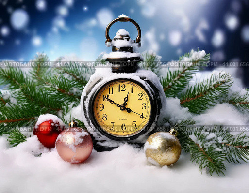 The clock is counting down the first moments of the New Year. New Year's card. Стоковое AI-изображение, AI-художник Сергей Елизарьев / Фотобанк Лори